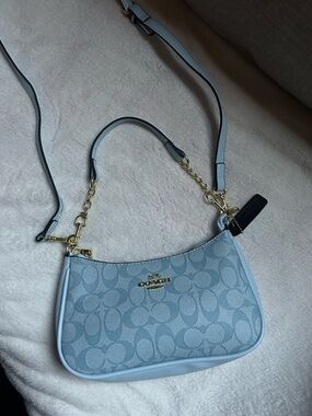 Coach Pale Blue Signature Jacquard Shoulder Bag with Gold Hardware